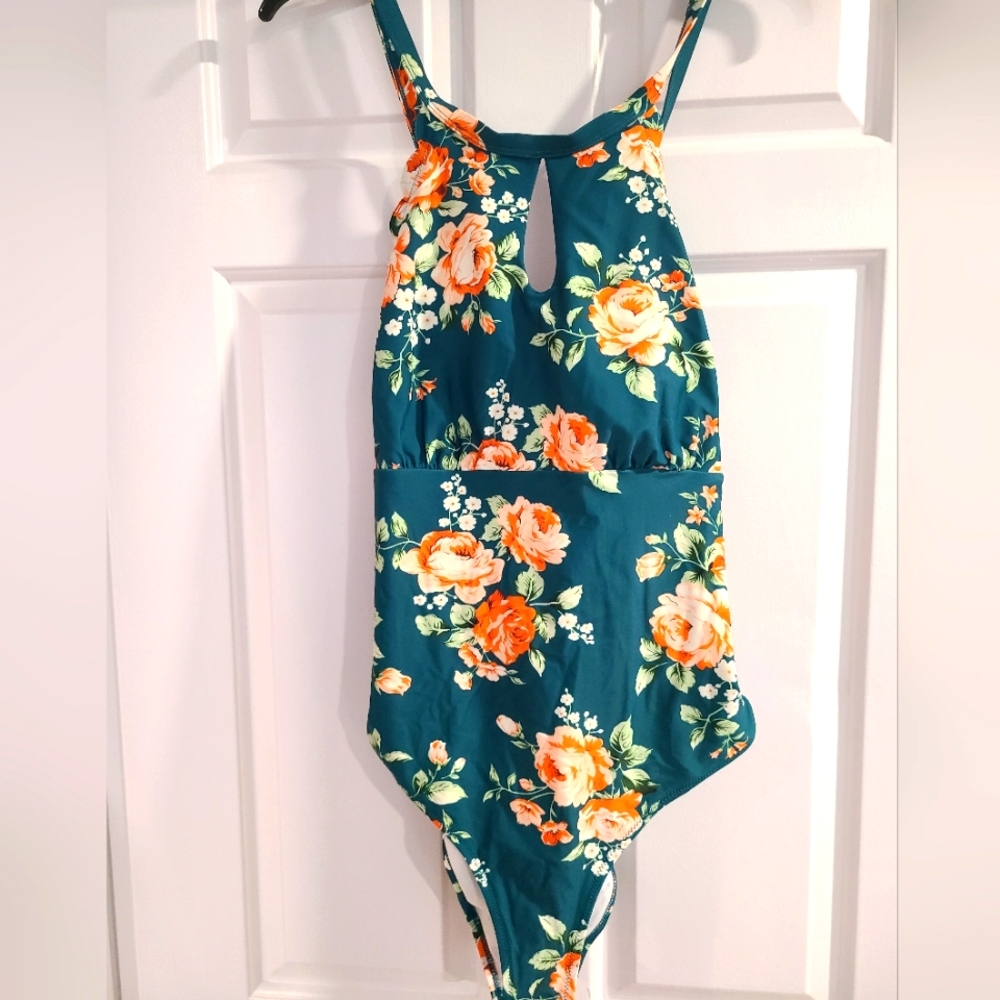 Beautiful teal/peach LARGE flower print one piece